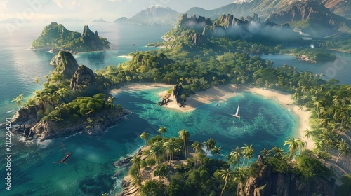 A lush tropical island in a video game, with sandy beaches and exotic wildlife,