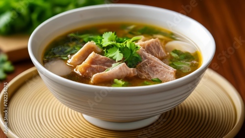  Delicious bowl of soup with fresh herbs and meat