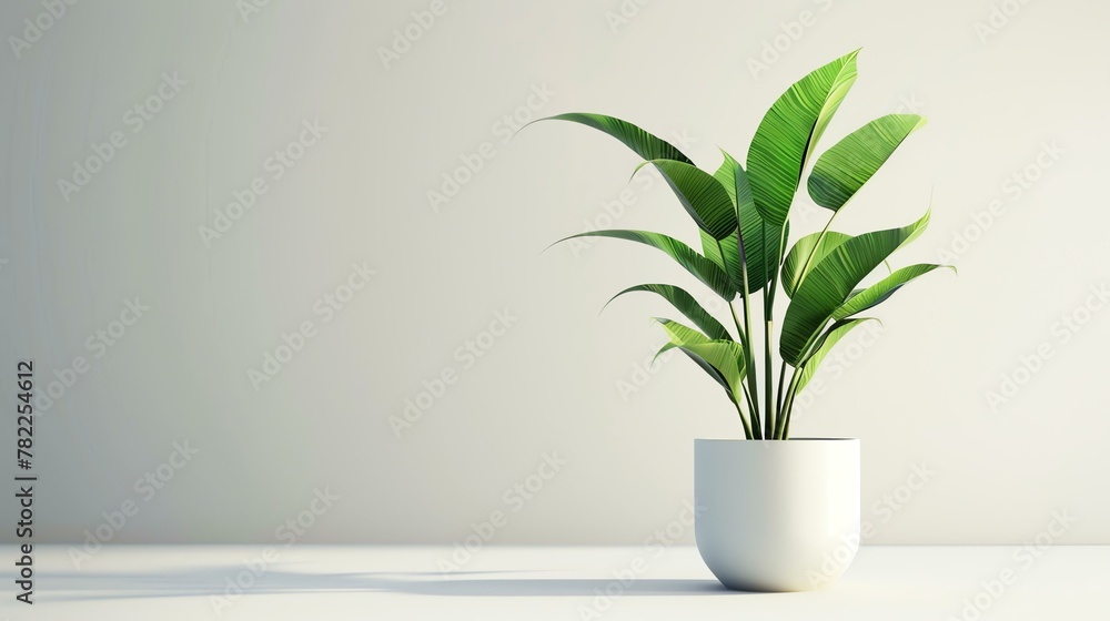 A beautiful potted plant sits in front of a solid neutral background. The plant has long, arching leaves that are a deep green color.