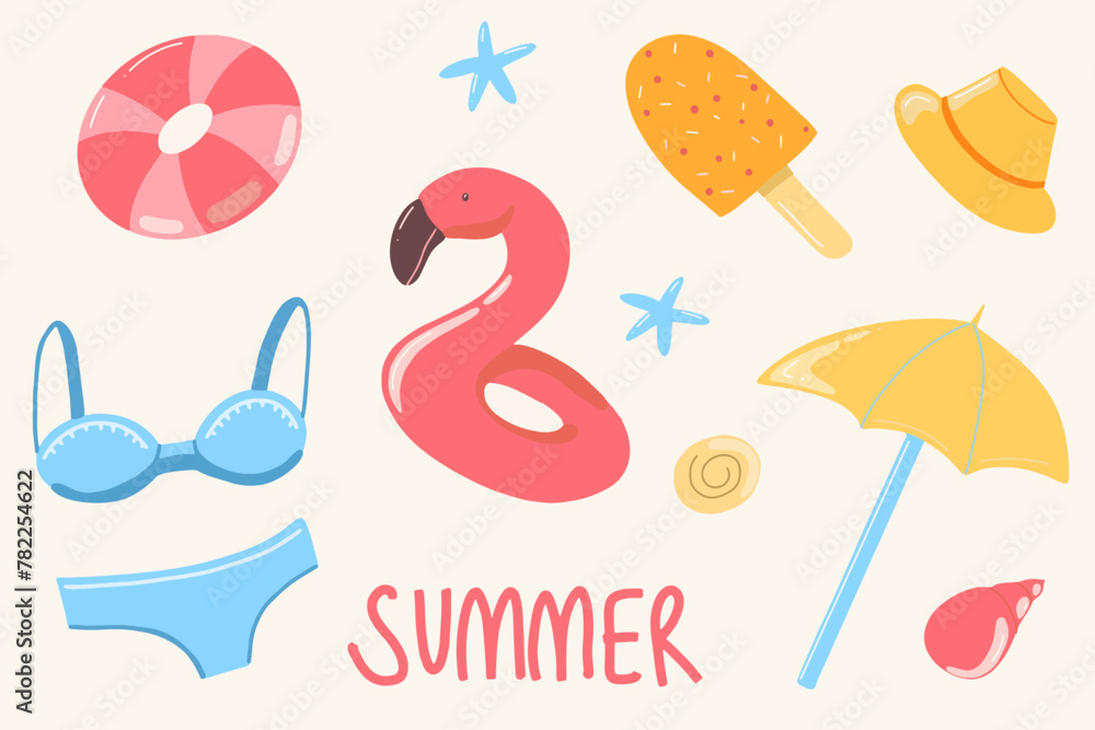 Set cute summer holiday beach elements. Hello summer Cartoon vector 