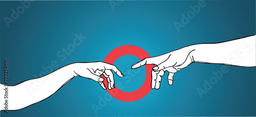 The creation of Adam concept inspiration, as a graphic design paint brush work. Vector Illustration vintage style design. Hands reaching out for touch in line drawing.
