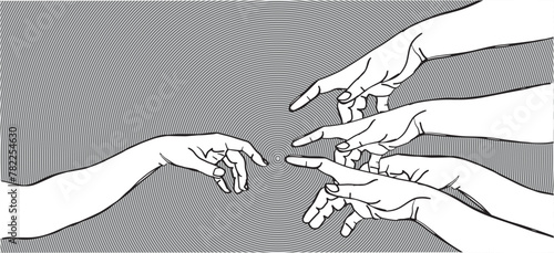 The creation of Adam concept inspiration, as a graphic design paint brush work. Vector Illustration vintage style design. Hands reaching out for touch in line drawing.