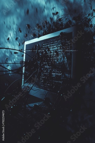 An ominous visualization of a computer system slowly being overtaken by dark, glitchy bug forms, representing the spread of software bugs photo