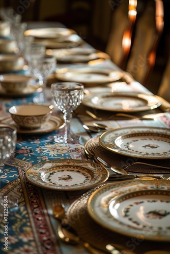 An ornate table set for Iftar, with empty plates and traditional decorations, awaiting the end of the fast