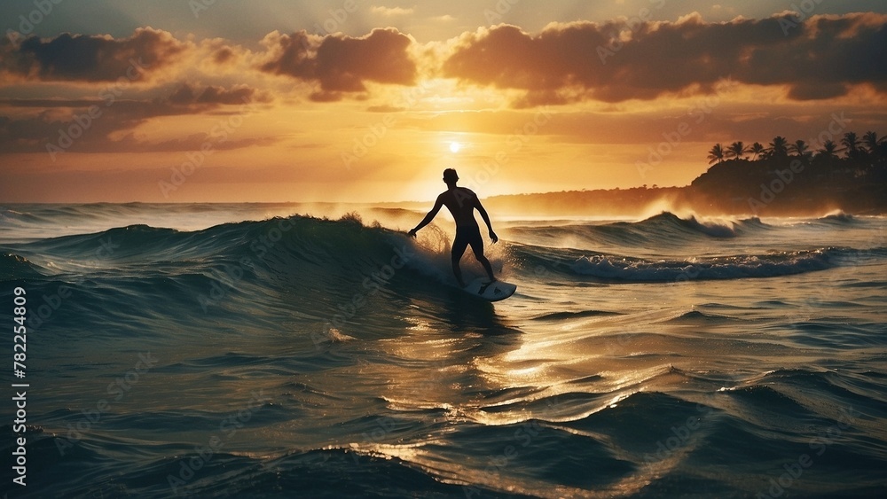 A silhouette of an athletic young male surfer riding on a surfboard in ocean waves on sunset. Dramatic active man surfing sports photography illustration concept.