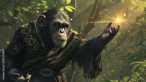 Chimpanzee wizard in an enchanted robe wielding a magic wand, casting a spell in an ancient grove photo