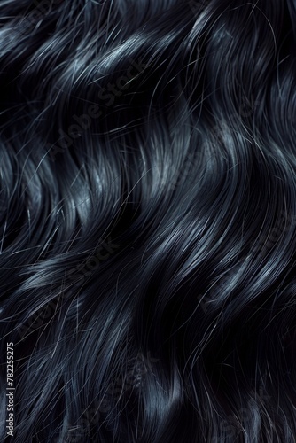 High-resolution image of black hair, showing textured strands with a glossy, shimmering effect, in natural light for depth perception