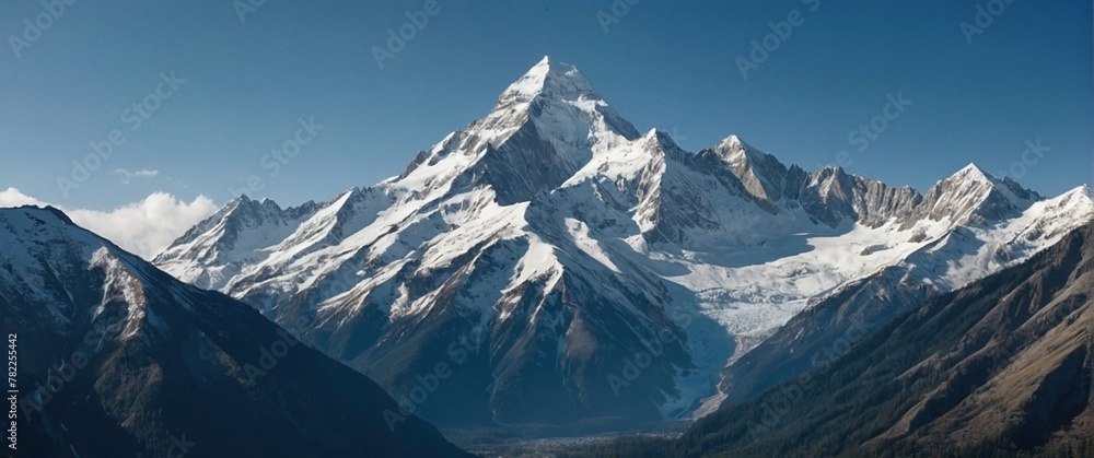 A scenic panoramic view of a snowy mountains. Beautiful mountain peaks covered in winter snow, clear light blue sky with some clouds. Nature glacier landscape header background concept.