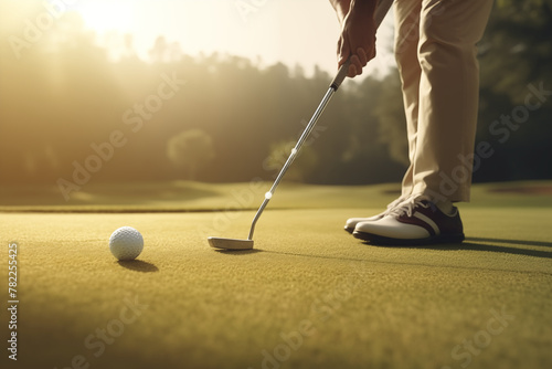 Golfer putting golf ball on green golf course with sun flare