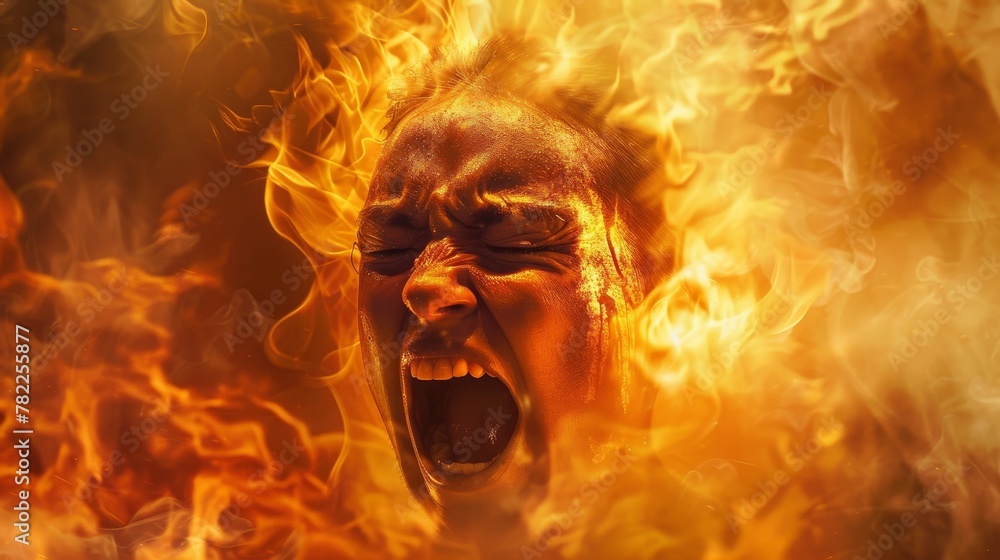 An anguished expression framed by flames, illustrating the scorching effect of heat, Fire element, An anguished expression framed by flames, illustrating the scorching effect of heat, Fire element,