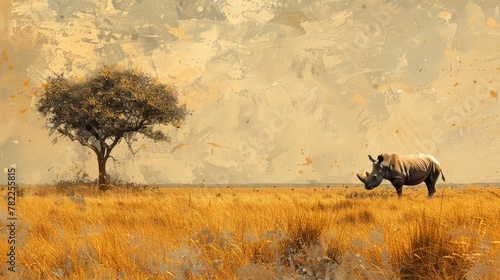 Infant rhino under a tree, African plains background with room for text, great for endangered species awareness campaigns