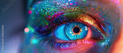 Vision spectrum, a radiant eye with colorful lashes for futuristic beauty ads