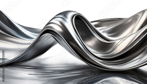 Abstract fluid metal bent form. Metallic shiny curved wave in motion. Cut out design element steel texture effect.