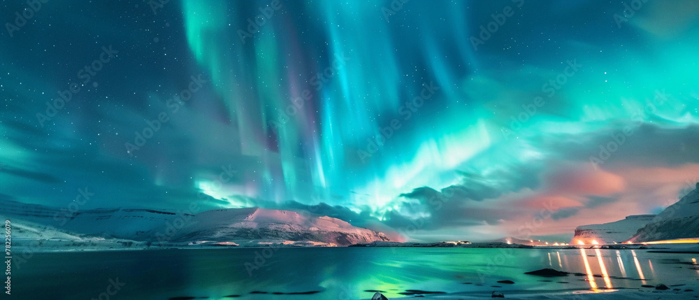 Stunning display of colorful northern lights swirling and dancing across a dark, starry night sky.