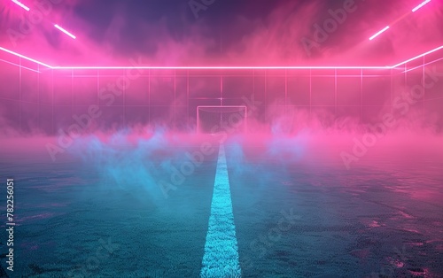 Soccer Pitch Illustration with Neon Purple and Pink Lights and Smoke Effects, Text Area