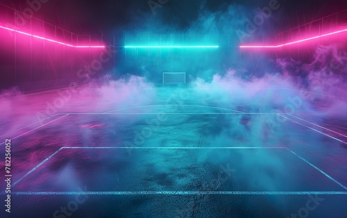 Illustrated Football Field Background with Violet and Pink Neon Lighting and Smoke, Room for Text