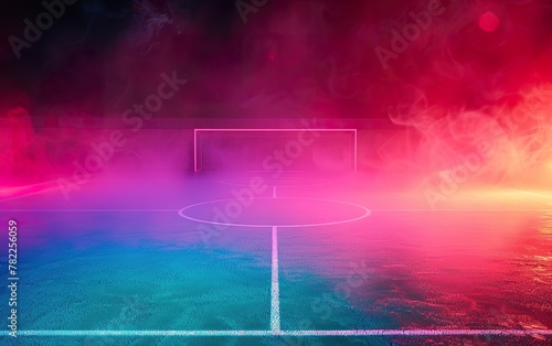 Illustrated Soccer Field Backdrop with Purple and Pink Neon Lights and Smoke, Space for Text