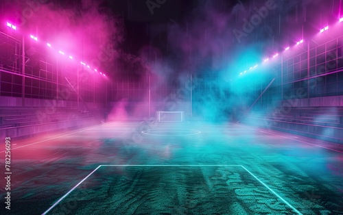 Soccer Field Background Illustration with Violet and Pink Neon Lights and Smoke, Text Space