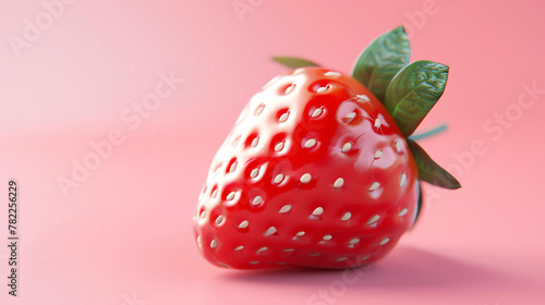 A close-up image of a fresh, ripe strawberry. The strawberry is red and juicy, with a green stem and leaves. photo