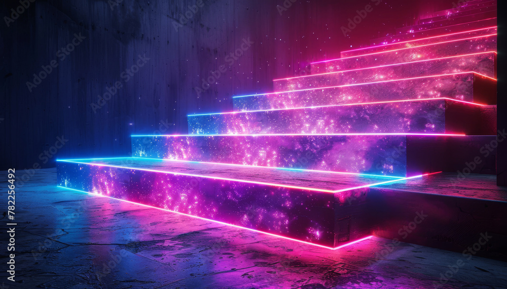 A staircase with purple and blue lights is lit up in the dark by AI generated image A staircase with purple and blue lights is lit up in the dark by AI generated image