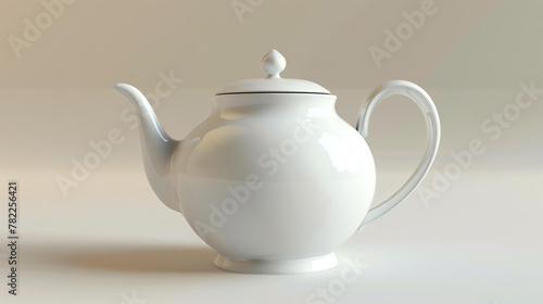 A simple and elegant white ceramic teapot, sitting on a white background. The teapot has a curved spout and a small handle.
