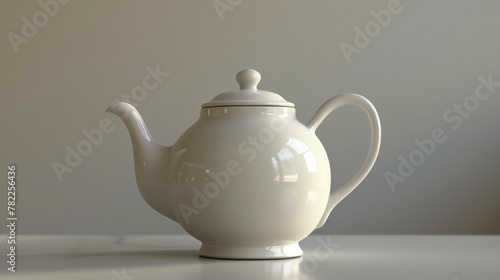 A simple and elegant white ceramic teapot sits on a white table against a pale gray background. The teapot is perfectly centered in the frame.
