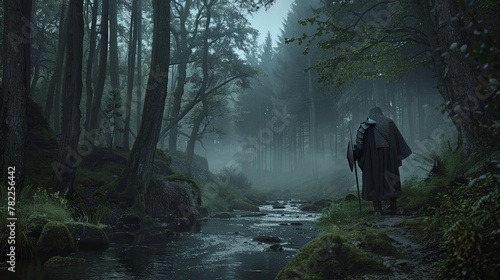 Mysterious cloaked figure wandering through a foggy enchanted forest