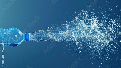 Splashing water from a blue plastic bottle on a dark background