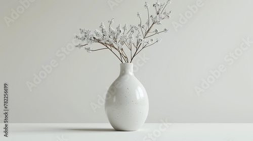 A beautiful ceramic vase sits on a white table against a solid neutral background.