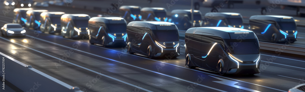 A convoy of autonomous electric trucks with blue accent lighting travels on a highway at dusk, showcasing advanced transportation technology A convoy of autonomous electric trucks with blue accent lighting travels on a highway at dusk, showcasing advanced transportation technology