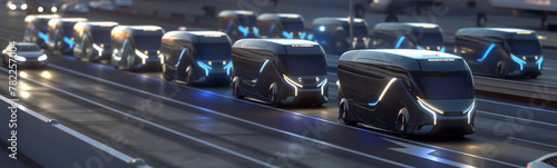 A convoy of autonomous electric trucks with blue accent lighting travels on a highway at dusk, showcasing advanced transportation technology