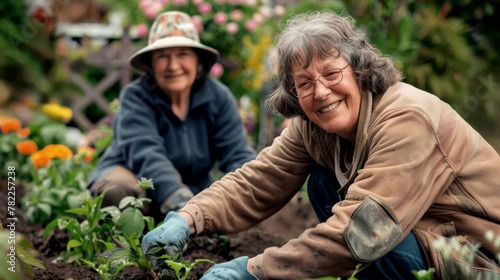 Joyful seniors cultivating beauty: a garden of happiness © Dzenka