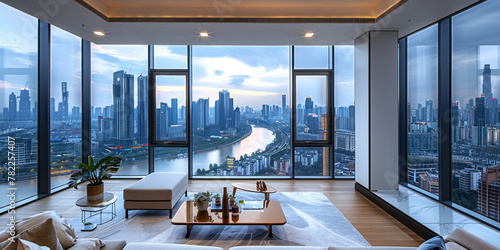 Modern living room with panoramic city and river views through large windows in urban apartment