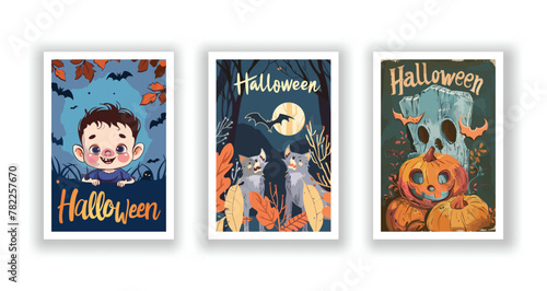 Set of 3 Halloween Card, Poster, hand drawn cute flyer. Postcard with letter "Halloween". Bats, Pumpkins, Zombies, Scarecrows, Witches... Background. Vector illustration © DesignerThc