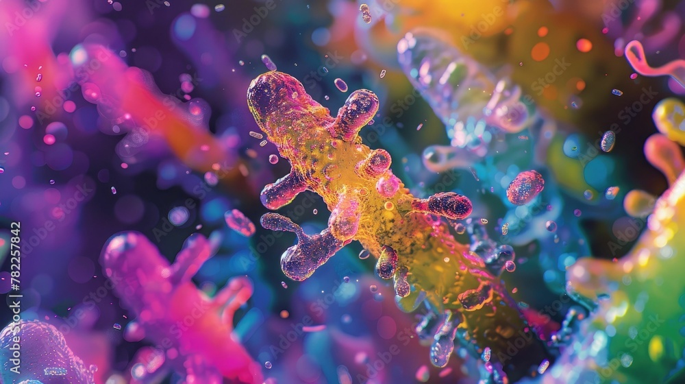 A close-up digital painting of lactobacillus under the microscope, rendered in vivid colors to highlight the beauty of beneficial bacteria - obrazy, fototapety, plakaty 