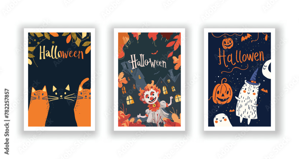 Obraz premium Set of 3 Halloween Card, Poster, hand drawn cute flyer. Postcard with letter