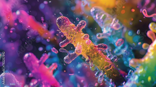 A close-up digital painting of lactobacillus under the microscope, rendered in vivid colors to highlight the beauty of beneficial bacteria