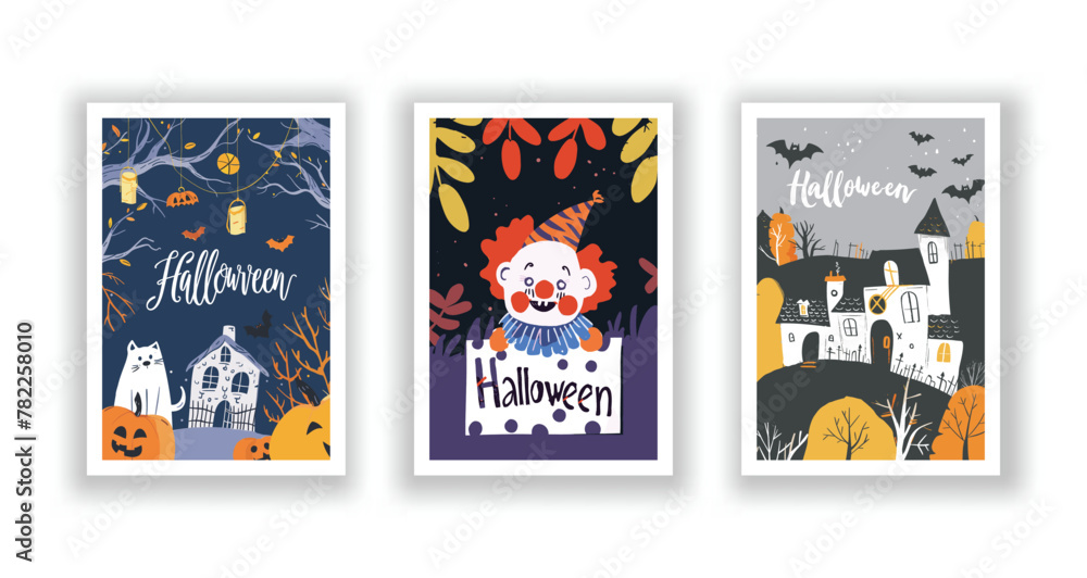 Obraz premium Set of 3 Halloween Card, Poster, hand drawn cute flyer. Postcard with letter