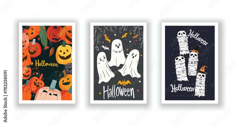 Obraz premium Set of 3 Halloween Card, Poster, hand drawn cute flyer. Postcard with letter