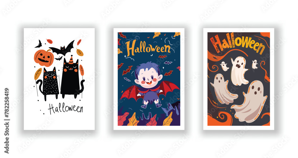 Set of 3 Halloween Card, Poster, hand drawn cute flyer. Postcard with letter 