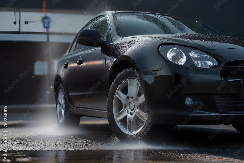 Car washing with foam and water. Washing a car with high pressure water at a professional car wash. Car washing with foam and water. Washing a car with high pressure water at a professional car wash.