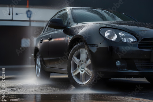 Car washing with foam and water. Washing a car with high pressure water at a professional car wash.