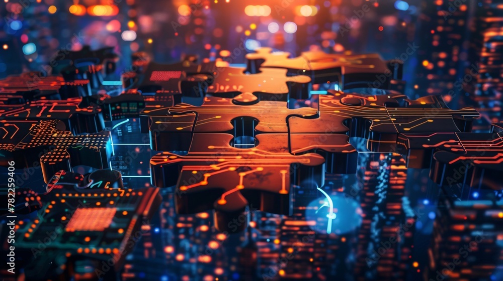 Interlocking puzzle pieces merge to form a circuit board pattern against a futuristic cityscape, symbolizing collaboration and problem-solving in a tech-driven world