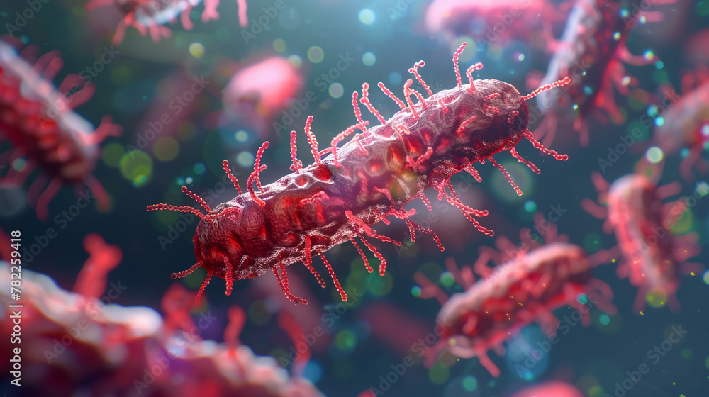 Detailed 3D illustration of Streptococcal bacteria surrounded by microscopic elements