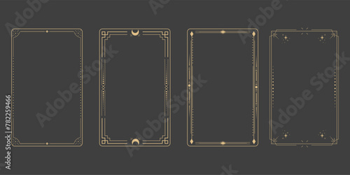 Line golden frame, celestiam minimal esoteric border, mystyc linear decoration with dots, corners isolated on dark background. Geometric shape, tarrot 