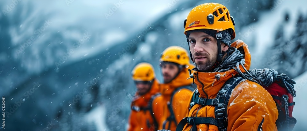 Mountain Rescue Team Braving the Snow. Concept Teamwork, Cold-Weather Training, Mountain Safety, Snow Rescue Techniques, First Aid Training