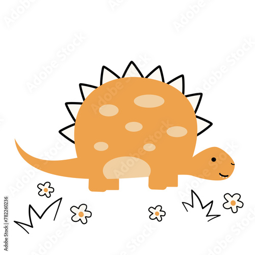 cute hand drawn cartoon character yellow dinosaur funny vector illustration with daisy flowers isolated on white background	