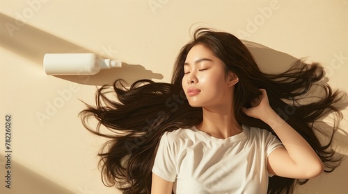 Woman with long hair lies on her back and holds an empty white shampoo bottle. The background is light beige. Used for designing advertising posters. Simple composition, matte texture, soft light.