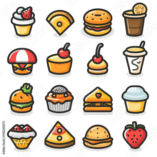 The image features a collection of twelve stylized food and beverage icons