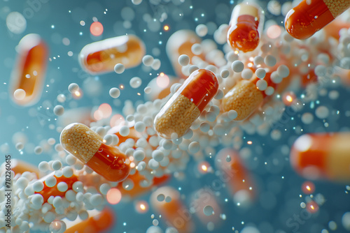 Antibiotic pill capsules are levitation in the air. Healthcare and medical concept 
